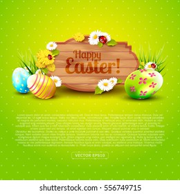 Cute Easter greeting card with flowers, Easter eggs and wooden sign on green background