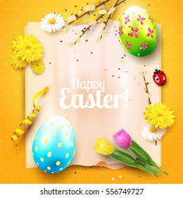 Cute Easter greeting card with flowers, Easter eggs and ladybug on orange background