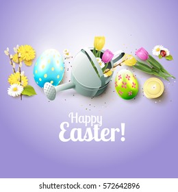 Cute Easter greeting card with flowers, Easter eggs and watering can