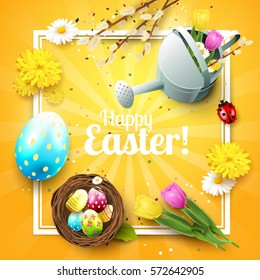 Cute Easter greeting card with flowers, Easter eggs and watering can on blue background