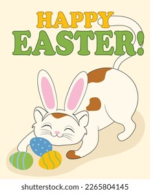 Cute Easter greeting card with funny cat and painted eggs