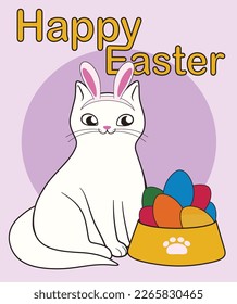 Tarjeta de felicitación Cute Easter con gato divertido y huevos pintados