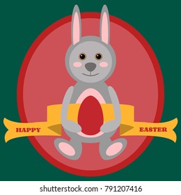 Cute easter greeting card. Happy bunny with egg. Spring holiday symbols. Funny vector illustration