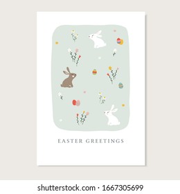 Cute Easter greeting card, invitation with rabbits, colorful Easter eggs and flowers. Spring meadow, garden. Seasonal flat design. Vector illustration background with daisies, tulips and chamomlle.