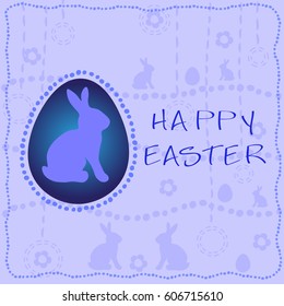 Cute Easter greeting card in light blue colors with rabbits and eggs, flowers
