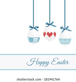 Cute easter greeting card with painted eggs, knitted design, vector illustration background , invitation