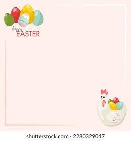 cute easter greeting card with painted eggs, rabbits and cakes