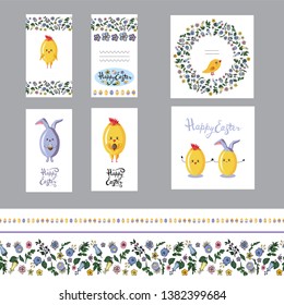 Cute easter greeting card set with motley eggs and seamless borders . Vector illustration isolate on transparant background