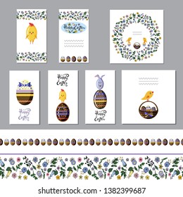 Cute easter greeting card set with chocolate eggs and seamless borders . Vector illustration isolate on transparant background