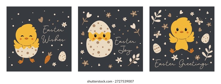 Bonito cartão comemorativo de Páscoa conjunto com adorável pintinho amarelo, ovos rachados, flores, corações e desejos manuscritos em fundo escuro, acolhedora coleção de ilustrações de férias de primavera para cartões, cartazes impressões
