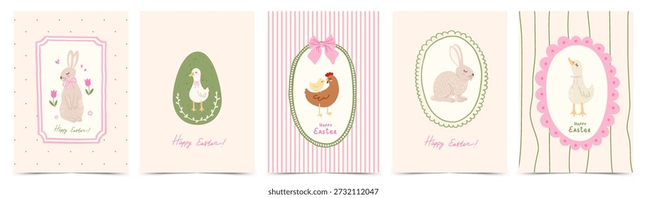 Tarjeta de felicitación linda de Pascua con el huevo, el conejo, los gansos, las gallinas, los polluelos, las flores, los lazos y los marcos de borde caprichosos. Diseño de Antiguas en estilo de moda dibujado a mano doodle