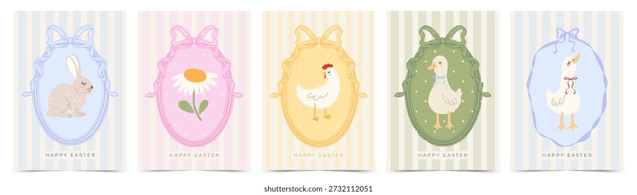 Bonito cartão comemorativo de Páscoa definido com coelho, gansos, frango, flor, molduras de borda e arcos caprichosos. Design vintage em estilo moderno doodle mão desenhado