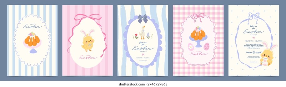 Cute Easter greeting card set with Easter cake, eggs, goose, chicks, bows and whimsical border frames. Vector design in trendy doodle hand drawn style