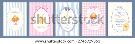 Cute Easter greeting card set with Easter cake, eggs, goose, chicks, bows and whimsical border frames. Vector design in trendy doodle hand drawn style