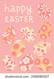 Cute Easter greeting card template.  Happy Easter. Eggs decorated with flowers on pink background. Vector illustration