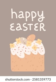 Cute Easter greeting card template.  Happy Easter. Easter cake decorated with flowers and eggs on grey background. Vector illustration