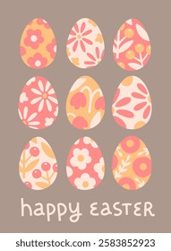 Cute Easter greeting card template.  Happy Easter. Eggs decorated with flowers on beige background. Vector illustration