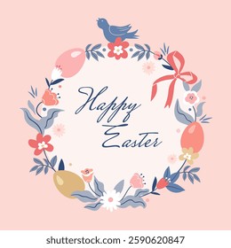 Cute easter greeting card with wreath of flowers and eggs. Bird silhouette on top. Lettering text, square shape, pastel colors. Flat vector illustration