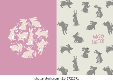 Cute Easter Greeting Cards with Rabbits and Flowers. Easter Bunnies Creative Vector Illustrations