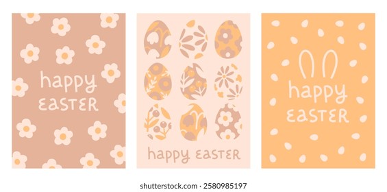 Cute Easter greeting cards templates.  Happy Easter. Eggs decorated with flowers on beige background. Vector illustration