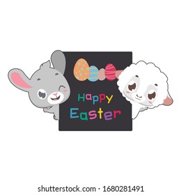 Cute Easter greeting with rabbit and lamb