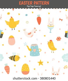 Cute Easter greeting seamless pattern with funny bunny,eggs, chicken, carrot, bee and chicks. Best for textures, wallpaper, wrapping, scrapbooking. Holiday spring and summer background in vector