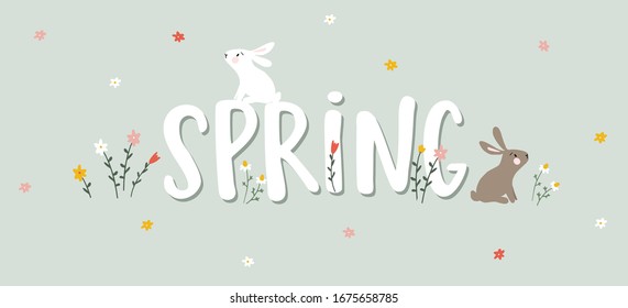 Cute Easter greeting web banner with spring text, rabbits, wild meadow or garden flowers. Seasonal flat design, vector illustration. Natural background with bunnies, daisies, tulips and chamomile herb