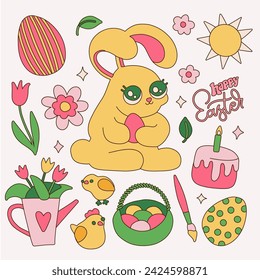 Cute Easter hand drawn doodle elements set isolated on white. Bundle with rabbit, chicks, spring flowers, egg, cake, sun, basket. Vector flat linear illustration