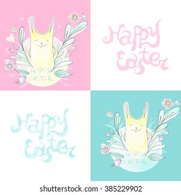 Cute Easter Hare (2 variants) and handmade inscription. Can be used as a postcard or element of design. 