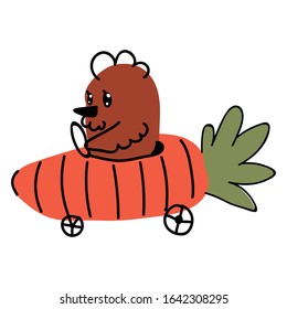 Cute easter hen in carrot car vector clipart. Kawaii style cartoon funny driving bird humour. Isolated chicken in vegetable vehicle with hand drawn illustration of happy animal. EPS 10. 