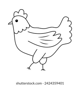 Cute Easter hen. Doodle chubby chicken. Vector linear illustration.
