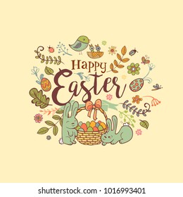 Banner de las fiestas de Semana Santa en estilo doodle con los conejos de Semana Santa en color beige.