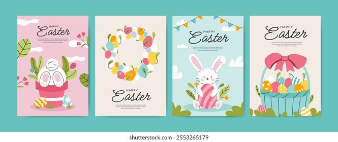 Cute Easter holiday greeting cards set. Banners with bunnies, flowers and Easter eggs. Childish print.