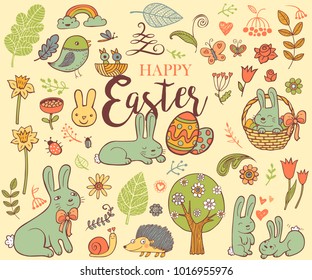 Cute Easter holiday symbols in doodle style with Cute Bunnes