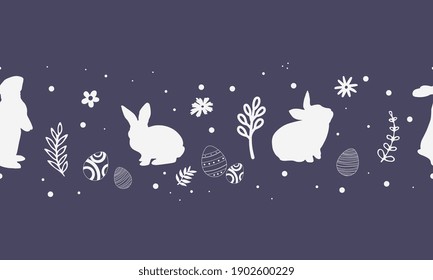 Cute  Easter horizontal seamless pattern with bunnies, flowers, easter eggs, great for Easter Cards, banner, textiles