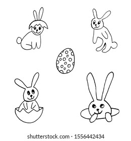 Cute easter icon and animal pet collection, with easter eggs in nest, rabbit and lettering. Hand drawn vector illustration.