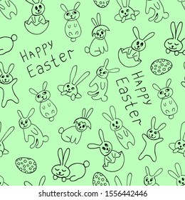 Cute easter icon and animal pet collection, with easter eggs in nest, rabbit and lettering. Hand drawn vector illustration.