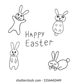 Cute easter icon and animal pet collection, with easter eggs in nest, rabbit and lettering. Hand drawn vector illustration.