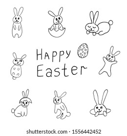 Cute easter icon and animal pet collection, with easter eggs in nest, rabbit and lettering. Hand drawn vector illustration.