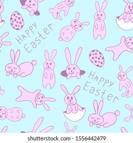 Cute easter icon and animal pet collection, with easter eggs in nest, rabbit and lettering. Hand drawn vector illustration.