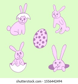 Cute easter icon and animal pet collection, with easter eggs in nest, rabbit and lettering. Hand drawn vector illustration.
