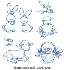 Cute easter icon and animal pet collection, with easter eggs in basket, daisy flowers, bunny, lamb, chick in a egg shell and willow branch. Hand drawn vector illustration.