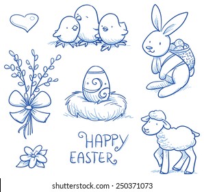 Cute easter icon and animal pet collection, with easter egg in nest, pussy willow branch, easter rabbit, lamb, chicks and flower. Hand drawn vector illustration.