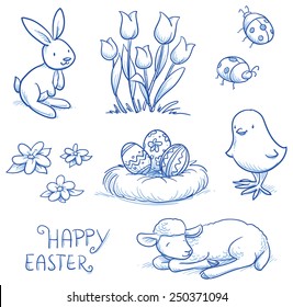 Cute easter icon and animal pet collection, with easter eggs in nest, tulip flowers, rabbit, lamb, chick and lady bugs. Hand drawn vector illustration.