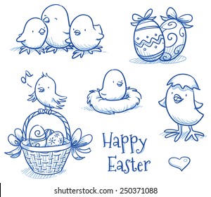 Cute easter icon and chick collection, with easter eggs in basket, different chicks, eggs and nest. Hand drawn vector illustration.