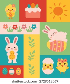 Ícones de Páscoa bonitos definidos com elementos de ovo de coelho Adorável coleção de símbolos de Páscoa plana ilustração vetorial colorida Easter bunny chick eggs flowers vetor set