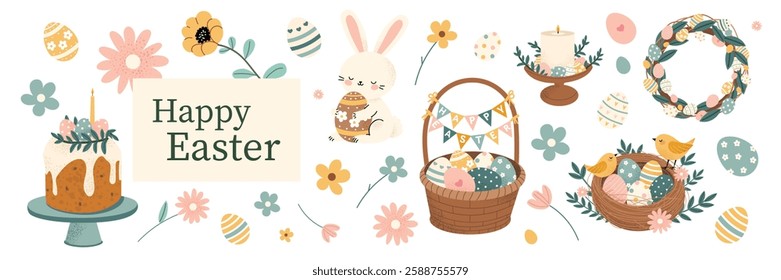 Cute Easter illustration with adorable bunny, festive basket, painted eggs, spring flowers, and holiday decorations. Vector collection in hand drawn style, perfect for greeting cards, posters.