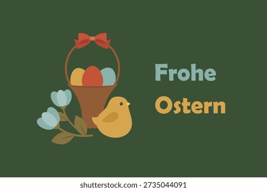 Cute Easter Illustration With Basket Of Eggs And Chick, Frohe Ostern Greeting And Spring Holiday Design