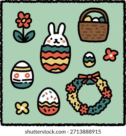 Linda ilustración de Pascua con un conejo en un huevo decorado, huevos de Pascua, flores, una corona y una cesta sobre un fondo verde. Brillante y alegre tema de vacaciones de primavera.