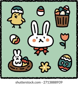 Linda ilustración de Pascua con un conejo, huevos decorados, un polluelo en una concha agrietada, una canasta de huevos, flores y un Pequeño conejo en un nido sobre un fondo verde claro.